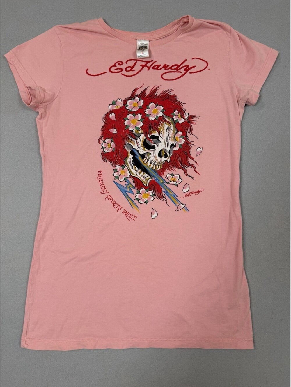 Vintage Ed Hardy T Shirt Womens Large Pink Double Sided Graphic Short Sleeve Y2k
